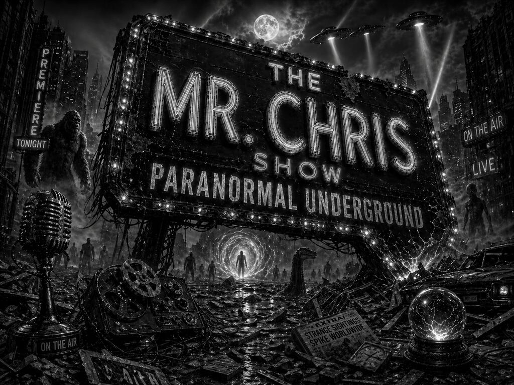 The Mr. Chris Show: Paranormal Underground cover art with a broken neon sign, UFOs, cryptids, and a ruined city under a full moon.