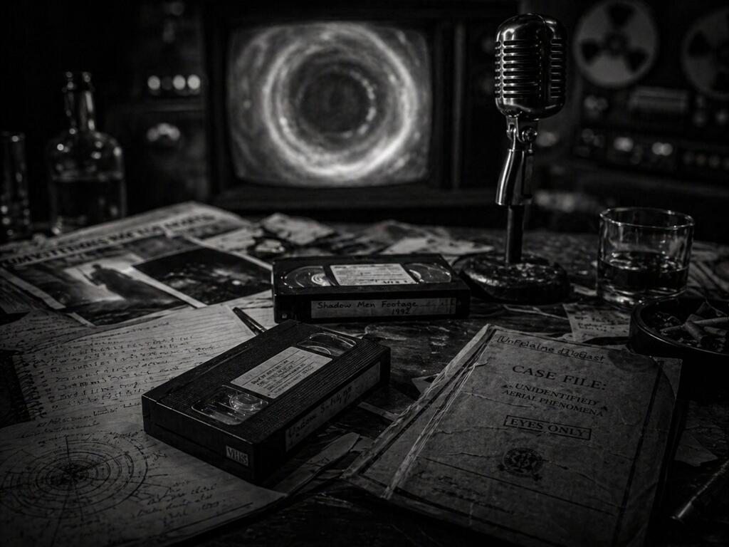 Old television showing an interdimensional portal in a black and white paranormal archive setting.