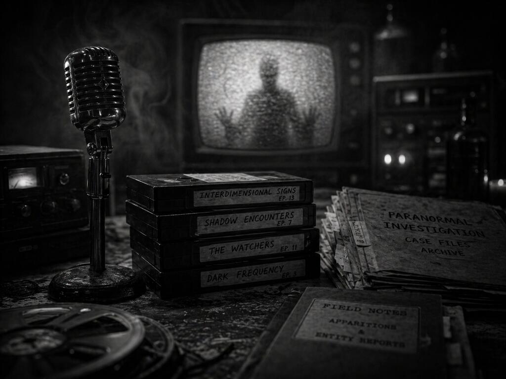 Old television showing a shadow man figure in a black and white paranormal studio.