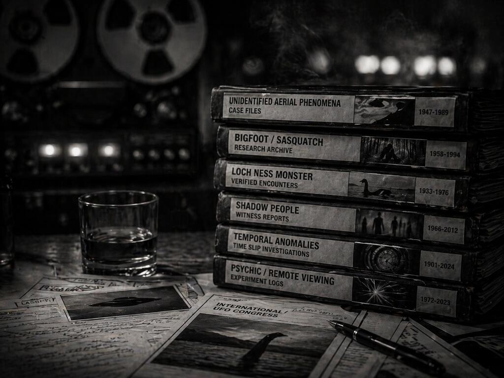 Old television showing a paranormal image in the background with videotapes, case files, and microphone in the foreground.