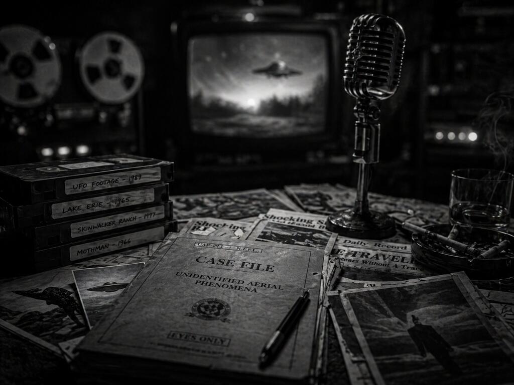Old television showing UFO footage in a black and white paranormal studio with bokeh background.