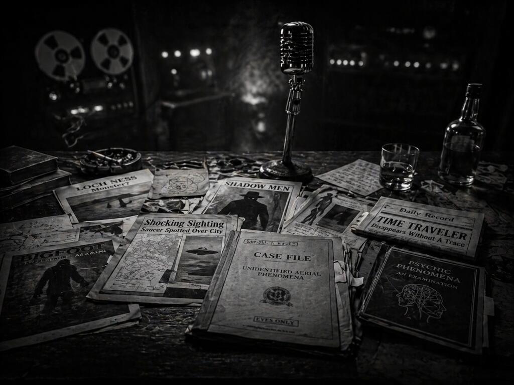 Paranormal investigation documents spread across a table with a vintage microphone and reel-to-reel recorder in black and white.